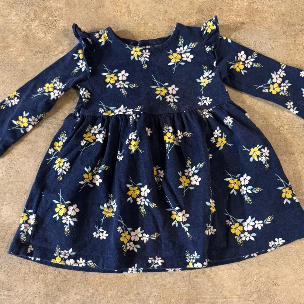 Carter's Long Sleeve Navy Dress with Yellow Floral Pattern, Size 9M